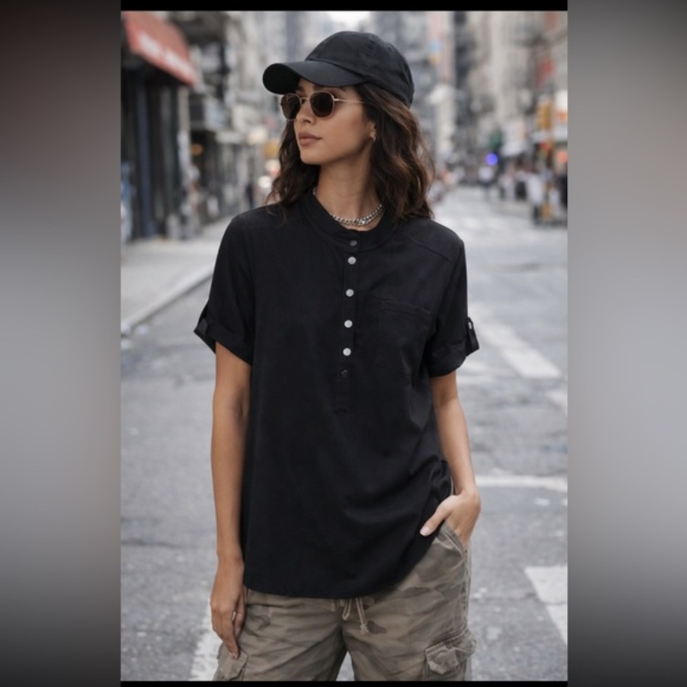 Tribal Black Mandarin Collar Button Front Short Sleeves Top Minimalist Workwear
